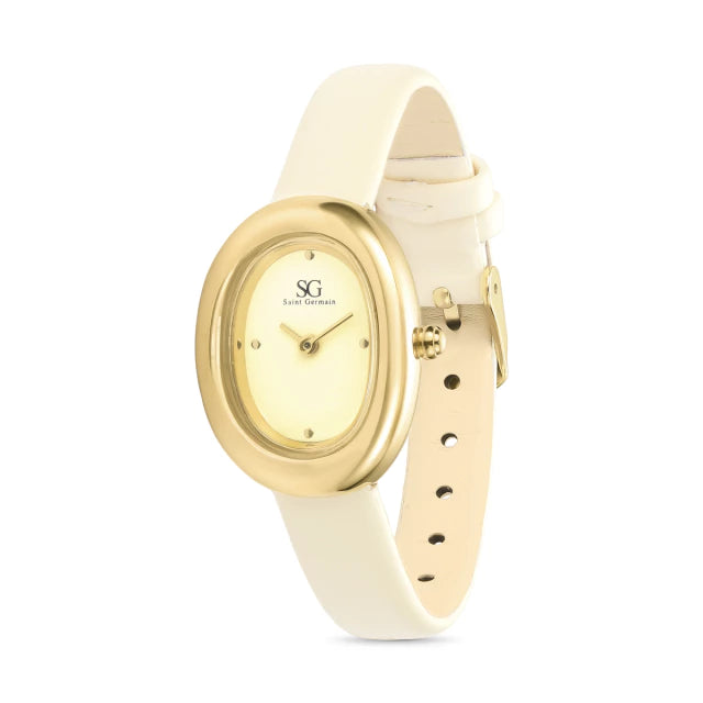 Relógio Feminino Fino Vintage Louvre Bege com Caixa Dourada