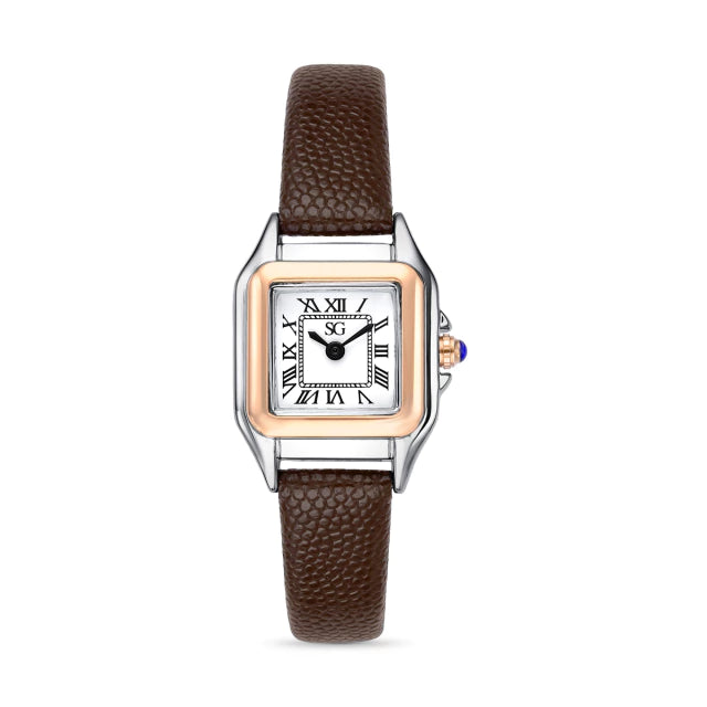 Relógio Feminino Marrom Boxy Romain Pulseira Couro Marrom e Números Romanos
