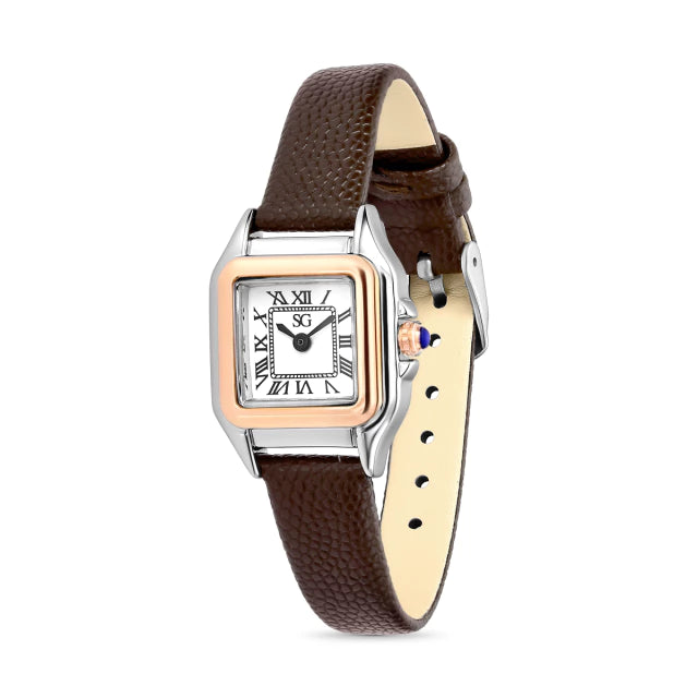 Relógio Feminino Marrom Boxy Romain Pulseira Couro Marrom e Números Romanos