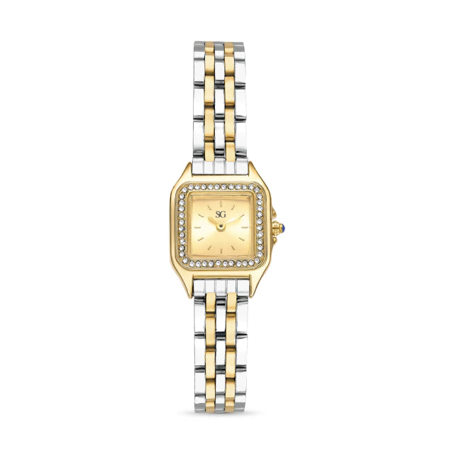 Relógio Feminino Dourado e Prata Diamond Bicolor com Cristais Cravejados