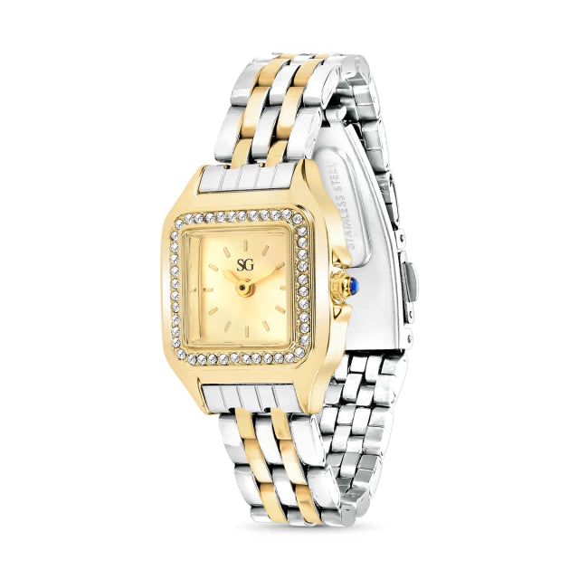 Relógio Feminino Dourado e Prata Diamond Bicolor com Cristais Cravejados