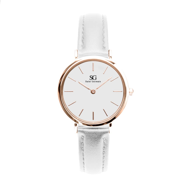 Relógio Feminino Branco Pulseira De Couro Queens Rosé Gold 32mm