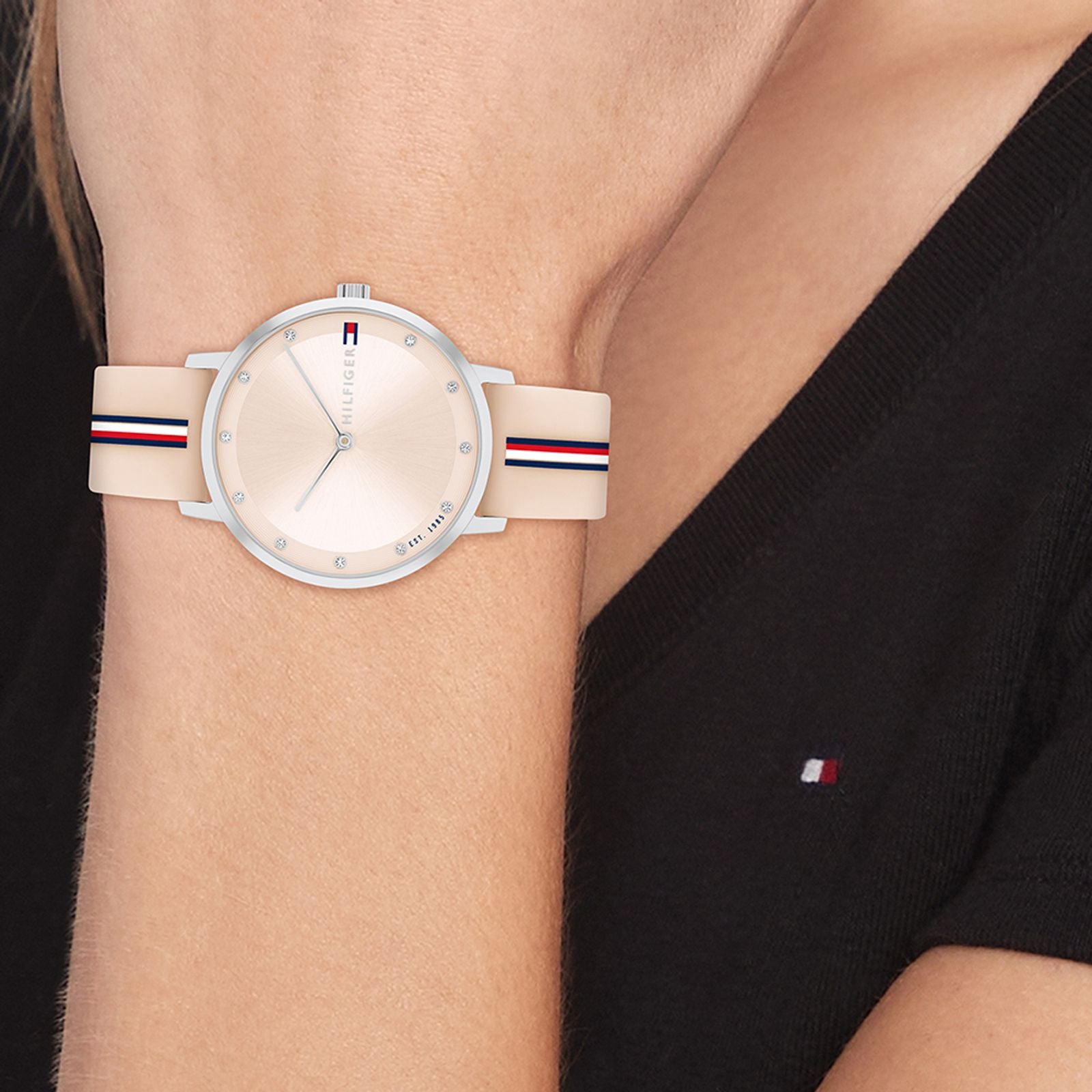 Relógio Feminino Tommy Hilfiger Borracha Rosa Com Listras