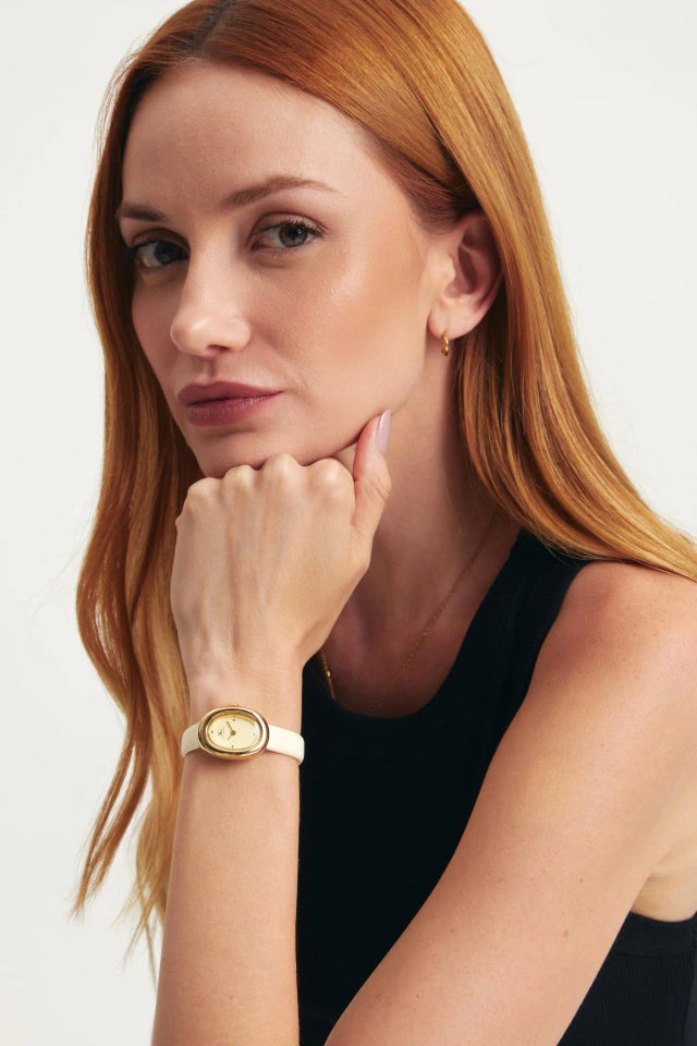 Relógio Feminino Fino Vintage Louvre Bege com Caixa Dourada