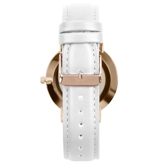 Relógio Feminino Branco Pulseira De Couro Queens Rosé Gold 32mm