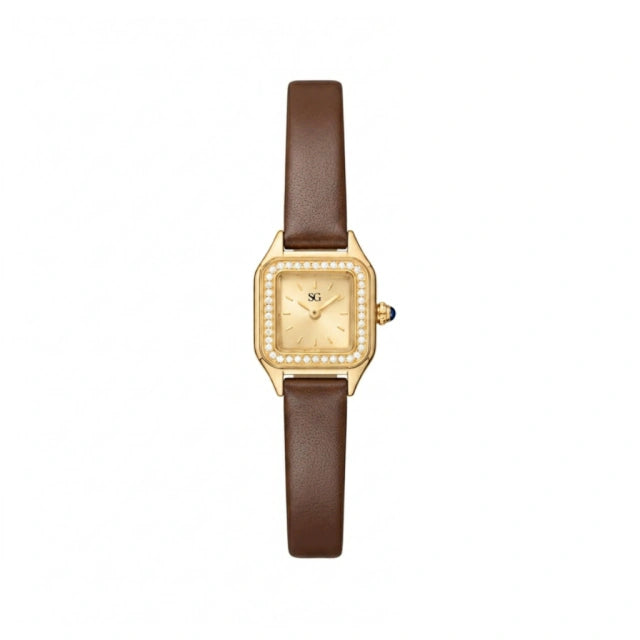 Relógio Feminino de Couro Marrom Quadrado Boxy com Cristais Cravejados