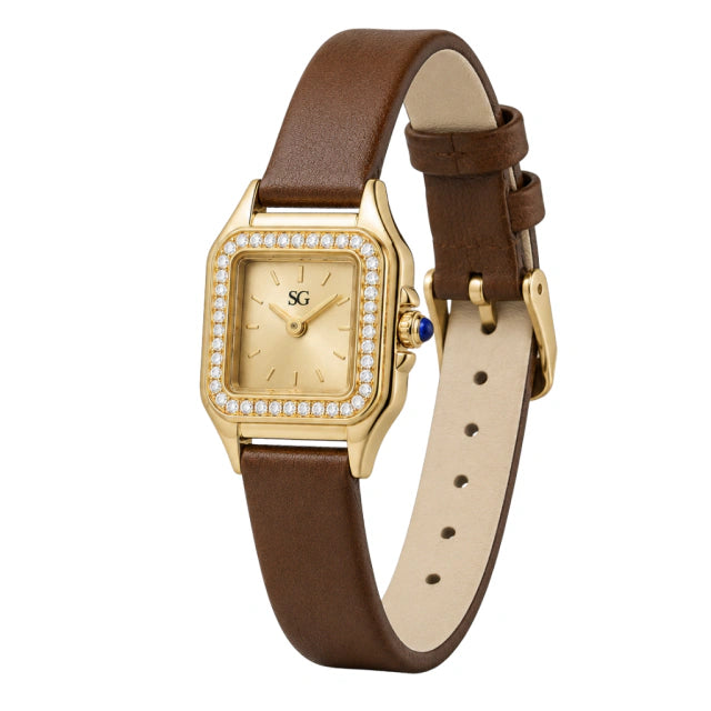 Relógio Feminino de Couro Marrom Quadrado Boxy com Cristais Cravejados